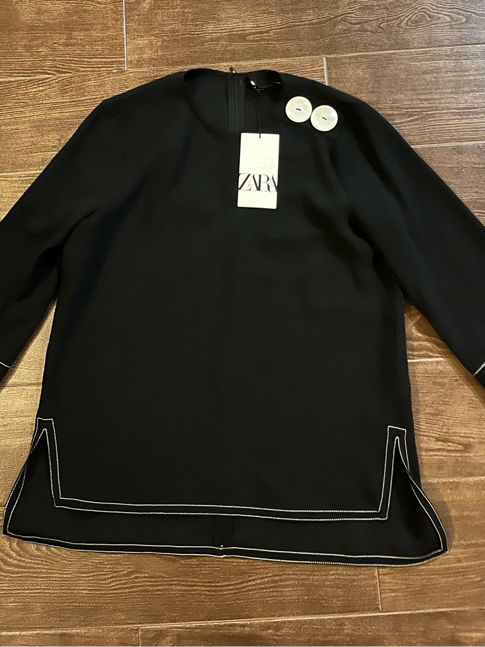 ZARA Black Crewneck Top with Ivory Button Accents